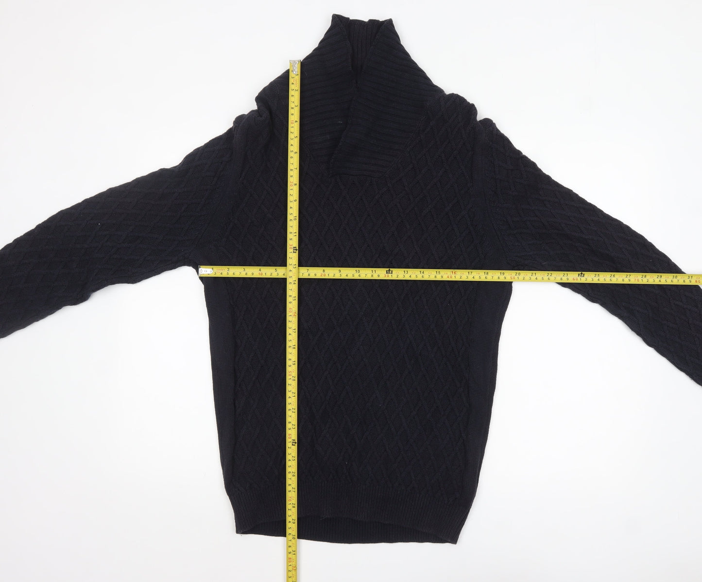 Massimo Dutti Men’s Black Cotton Cable Knit Roll Neck Jumper L