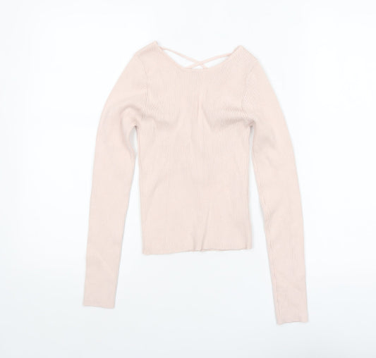 Stradivarius Women Beige Ribbed V-Neck Slim Fit Pullover Jumper Size 8