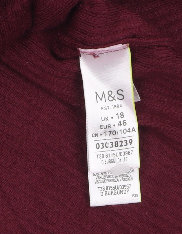 Marks and Spencer Women Red Mock Neck Ribbed Knit Jumper Size 18