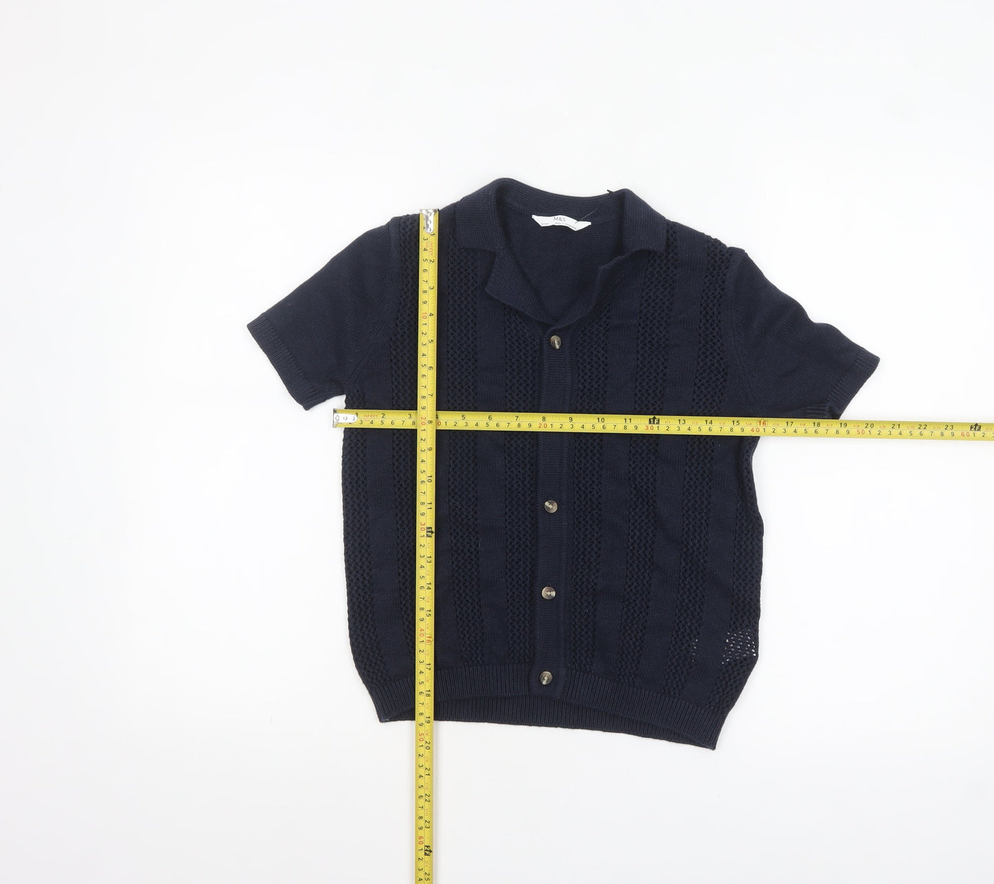 Marks and Spencer Boys Navy Blue Button Cardigan 8-9 Years Short Sleeve Knit
