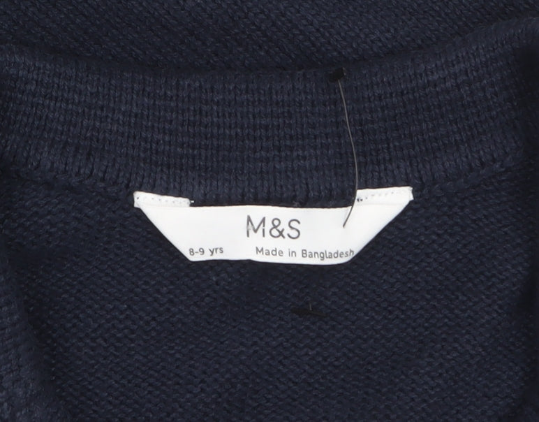 Marks and Spencer Boys Navy Blue Button Cardigan 8-9 Years Short Sleeve Knit
