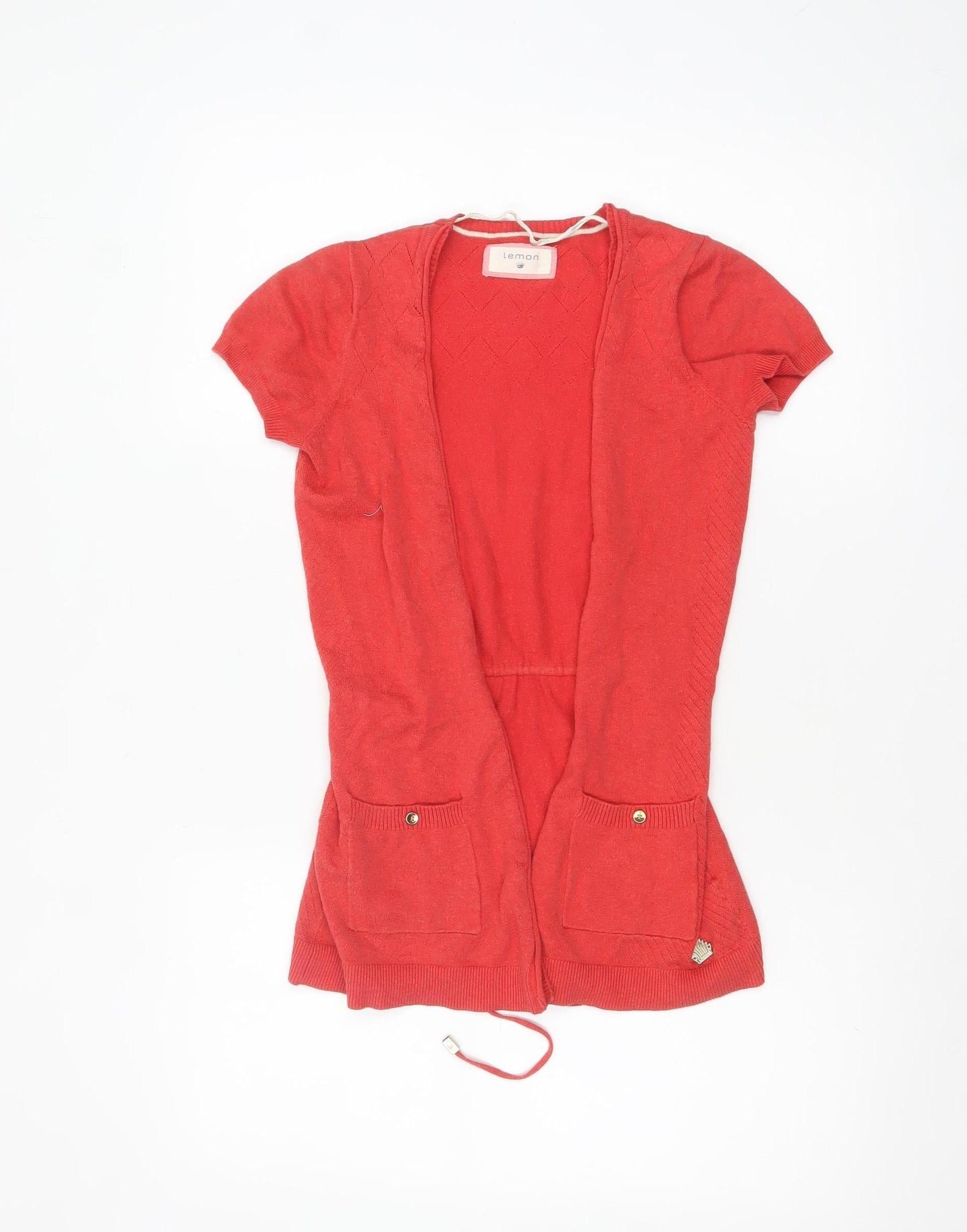 Lemon Women Red Short Sleeve Open Cardigan Belted Knit Size S