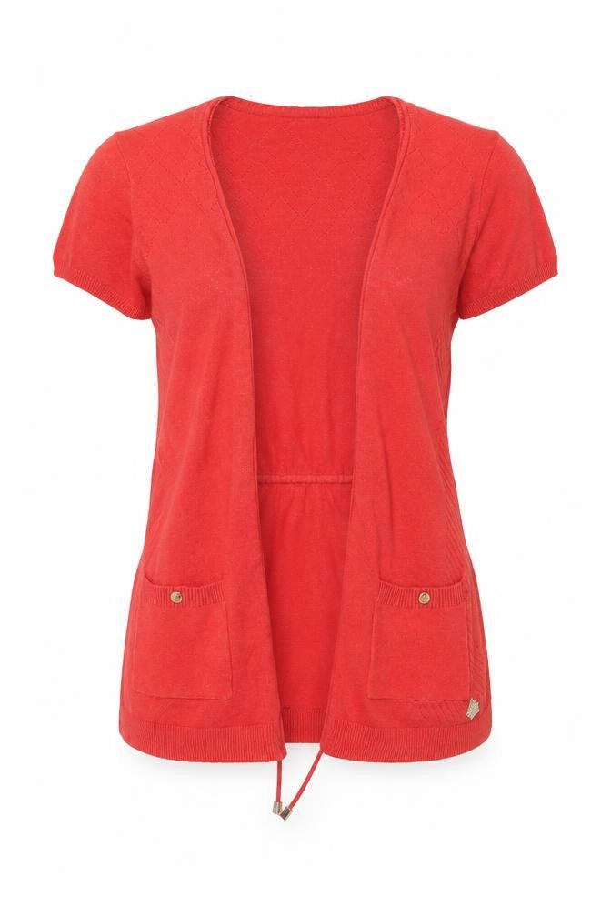 Lemon Women Red Short Sleeve Open Cardigan Belted Knit Size S