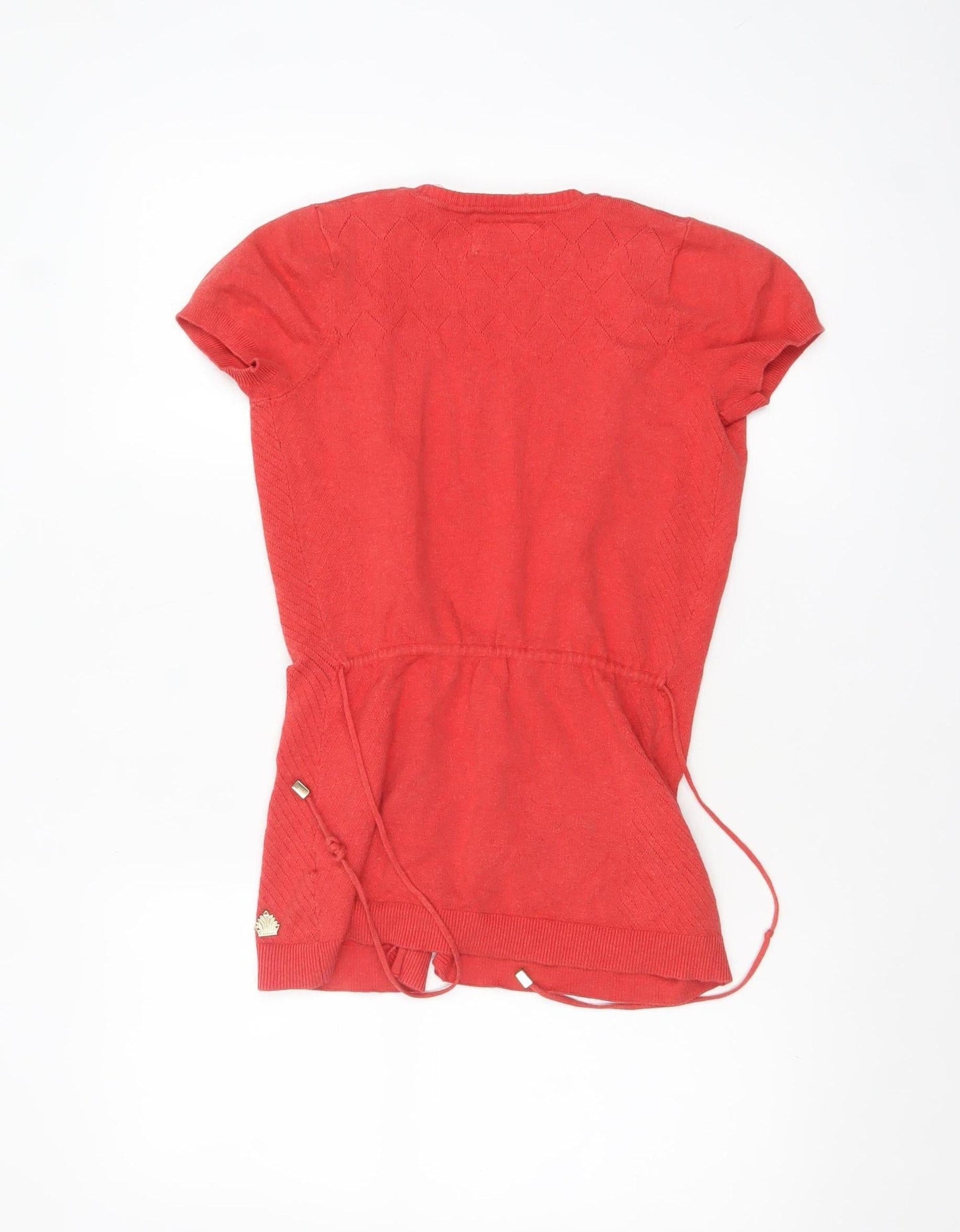 Lemon Women Red Short Sleeve Open Cardigan Belted Knit Size S