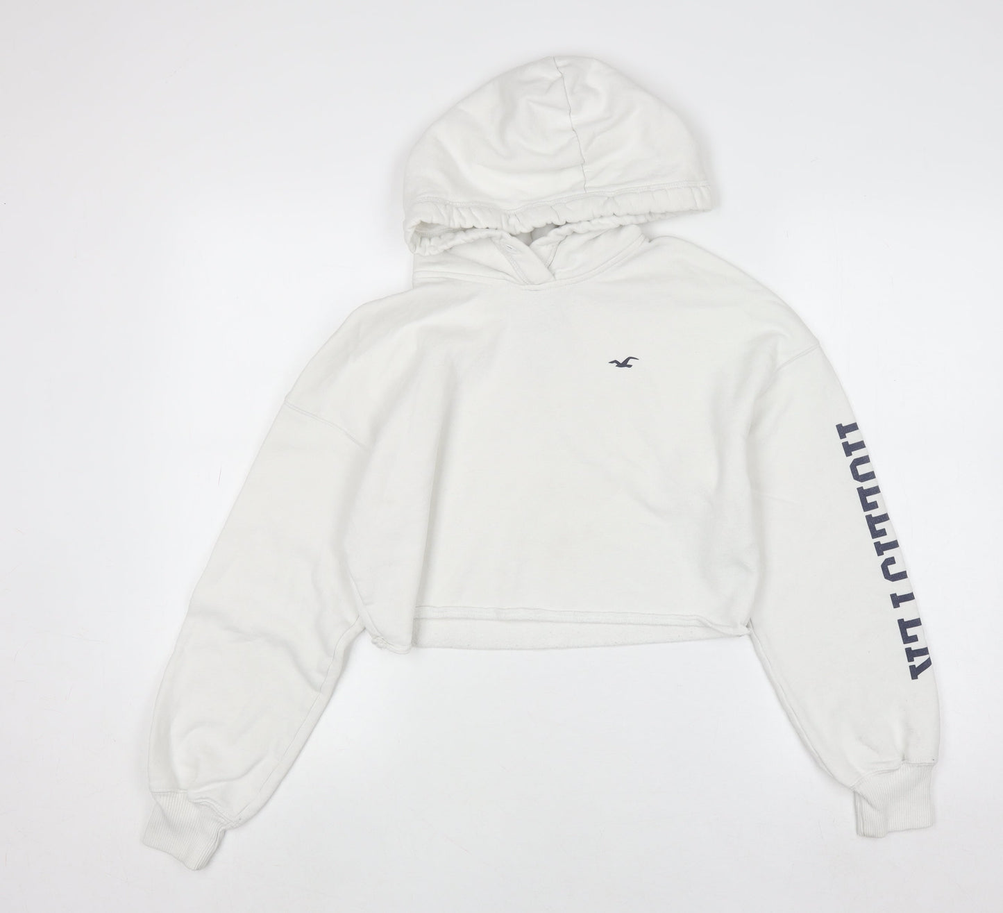 Hollister Women White Small Cropped Pullover Hoodie Cotton Blend