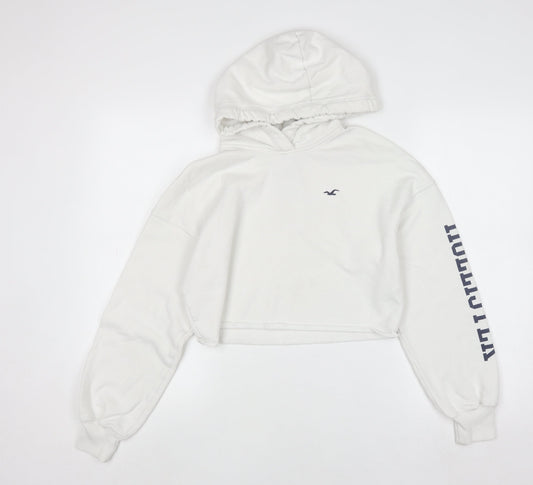Hollister Women White Small Cropped Pullover Hoodie Cotton Blend