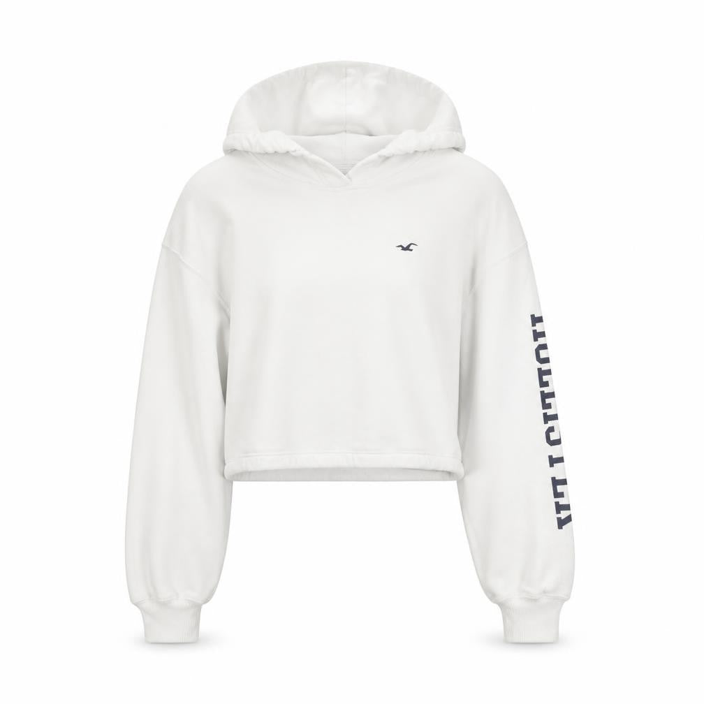 Hollister Women White Small Cropped Pullover Hoodie Cotton Blend