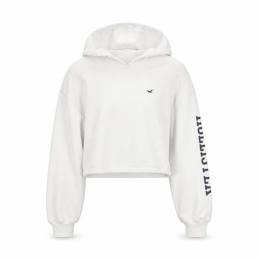 Hollister Women White Small Cropped Pullover Hoodie Cotton Blend