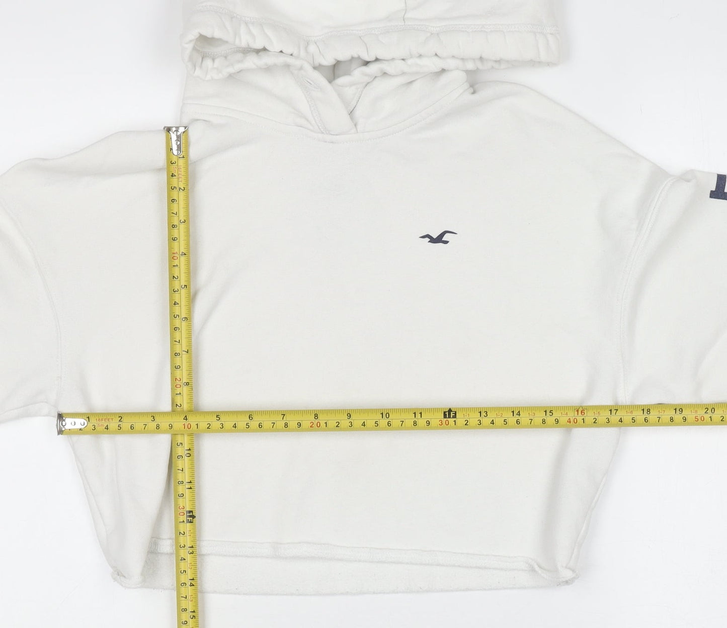 Hollister Women White Small Cropped Pullover Hoodie Cotton Blend