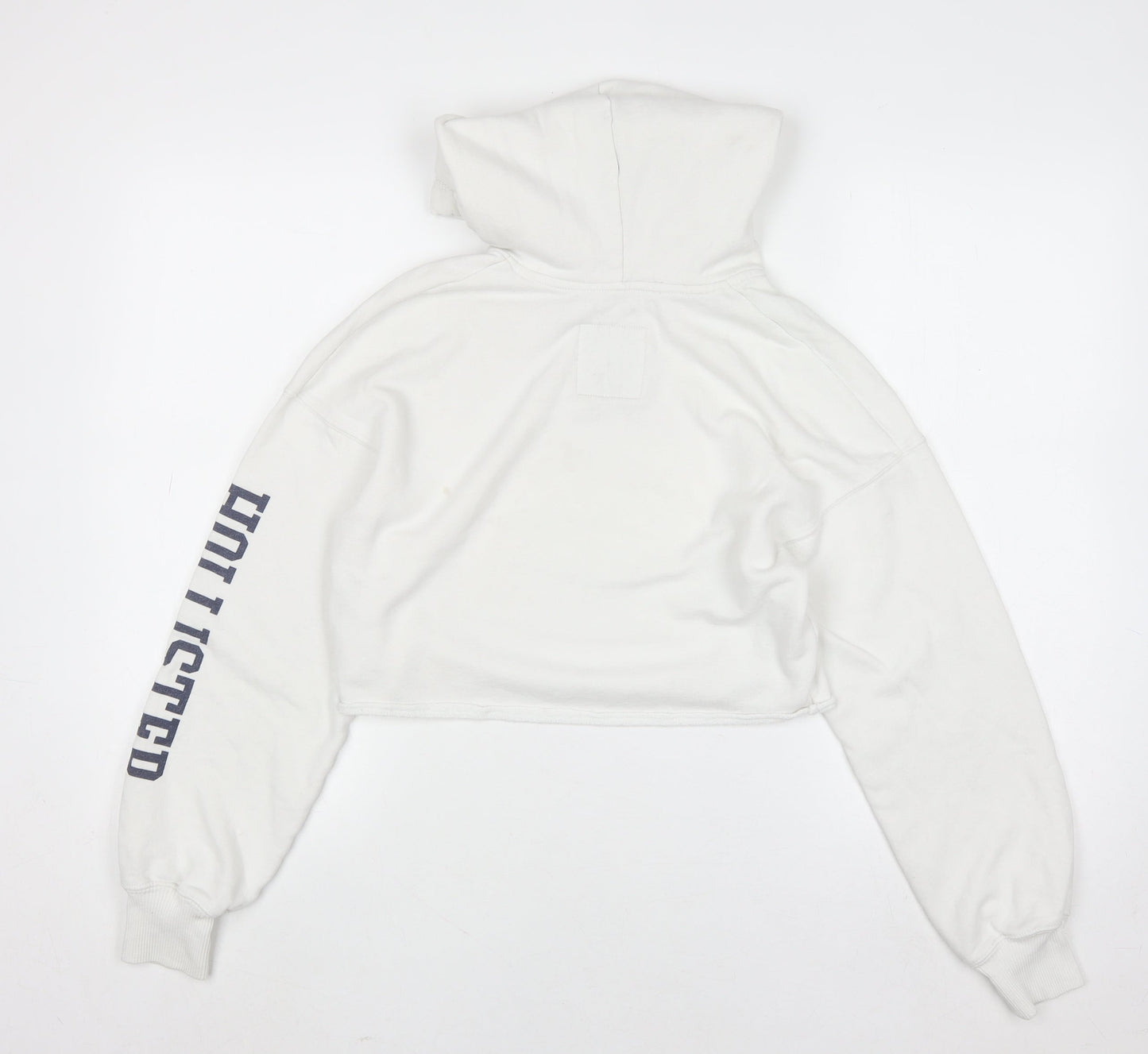 Hollister Women White Small Cropped Pullover Hoodie Cotton Blend