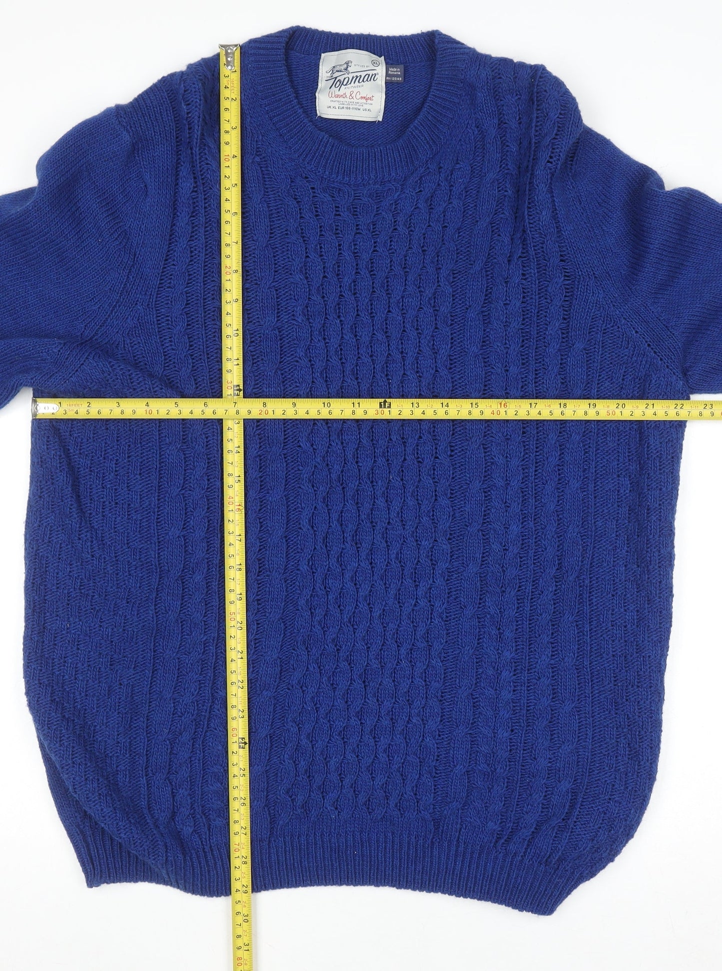 Topman Men’s Blue Cable-Knit Crew Neck Jumper Size XL