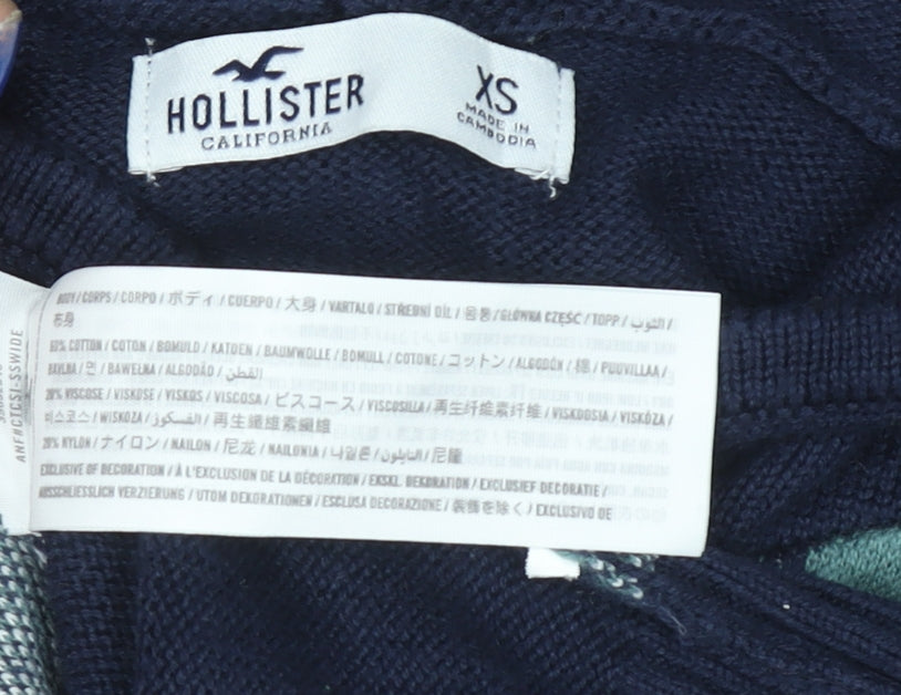 Hollister Women Navy Argyle Full Zip Hoodie XS Cotton Blend
