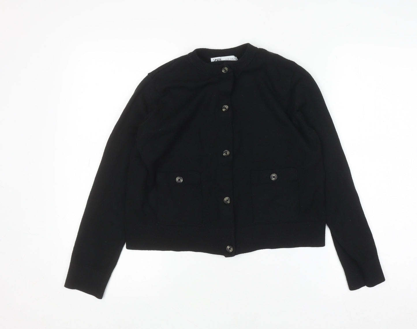 ZARA Women Black Cotton Blend Crew Neck Button Cardigan M