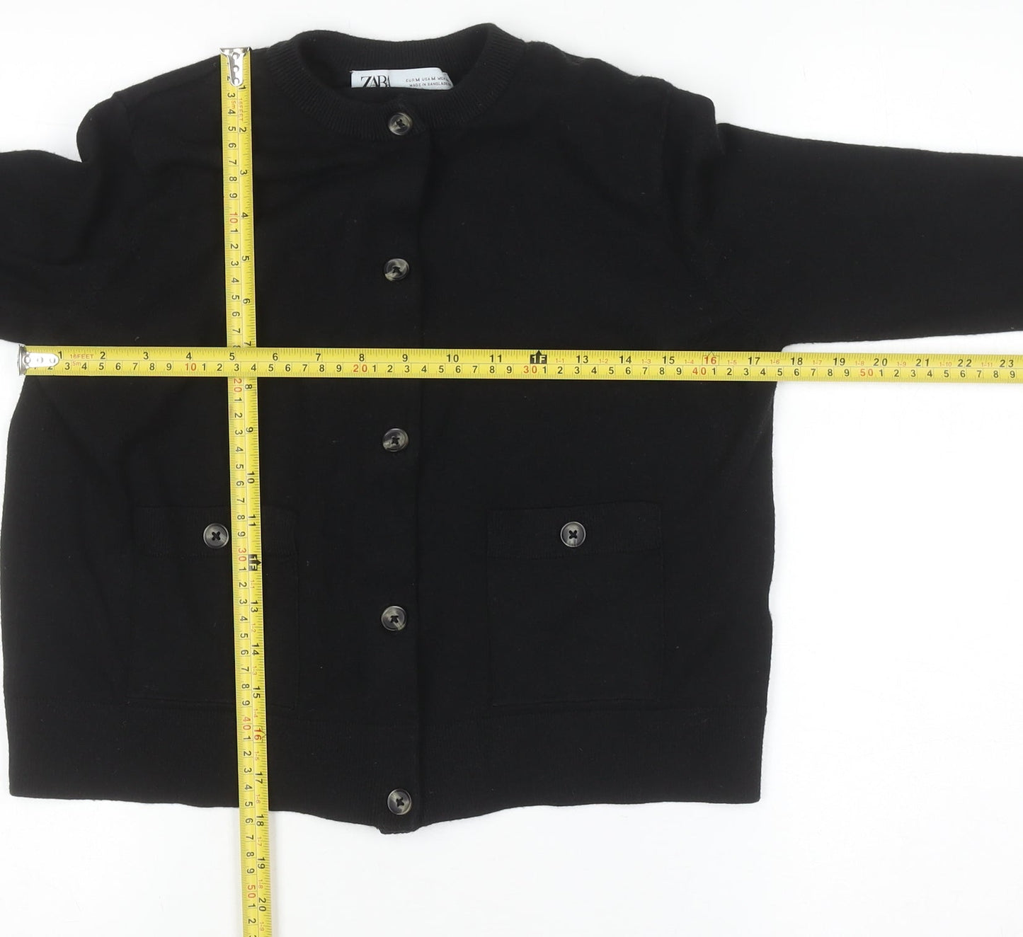ZARA Women Black Cotton Blend Crew Neck Button Cardigan M