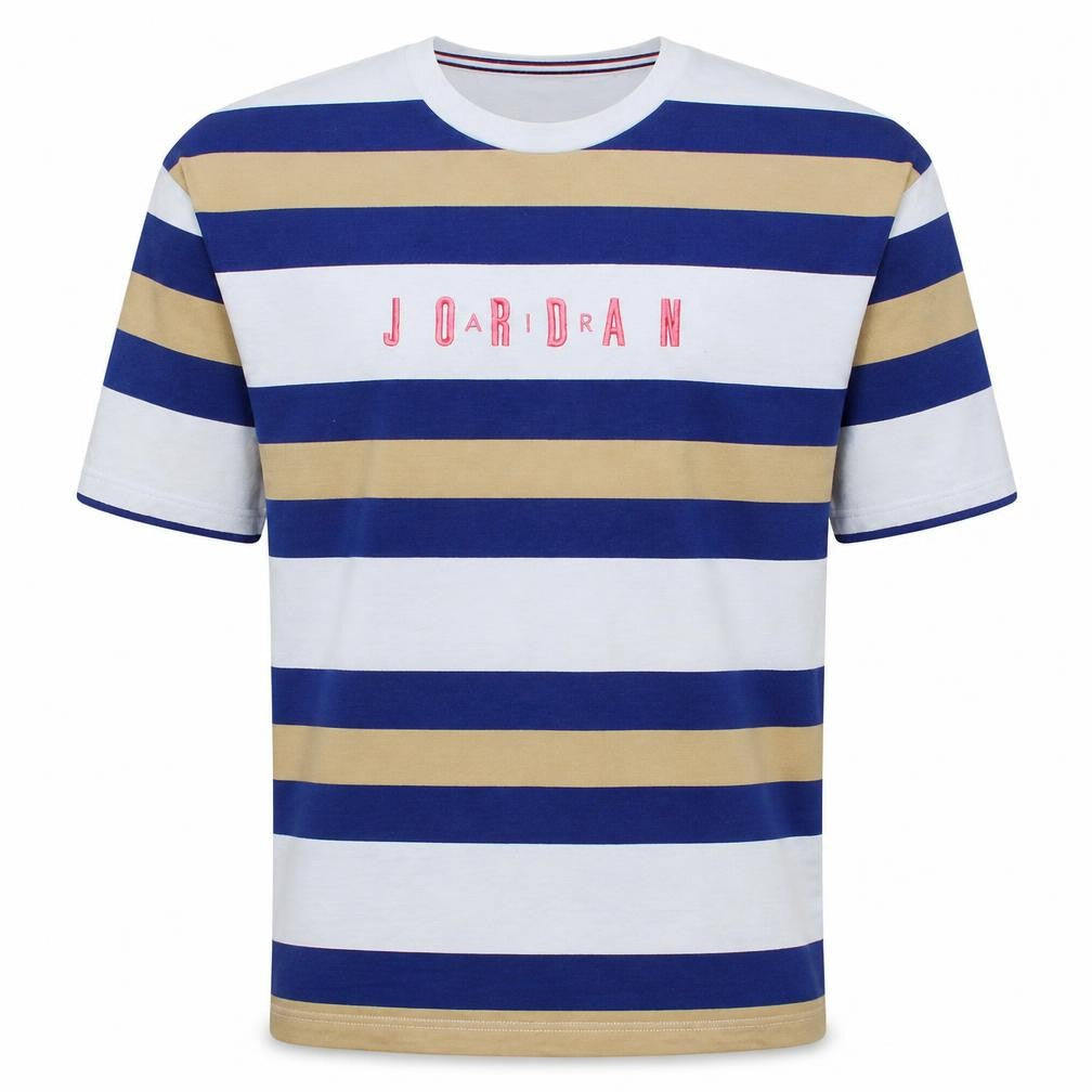 Jordan Men's Blue Beige Striped Crew Neck Cotton T-Shirt Size M