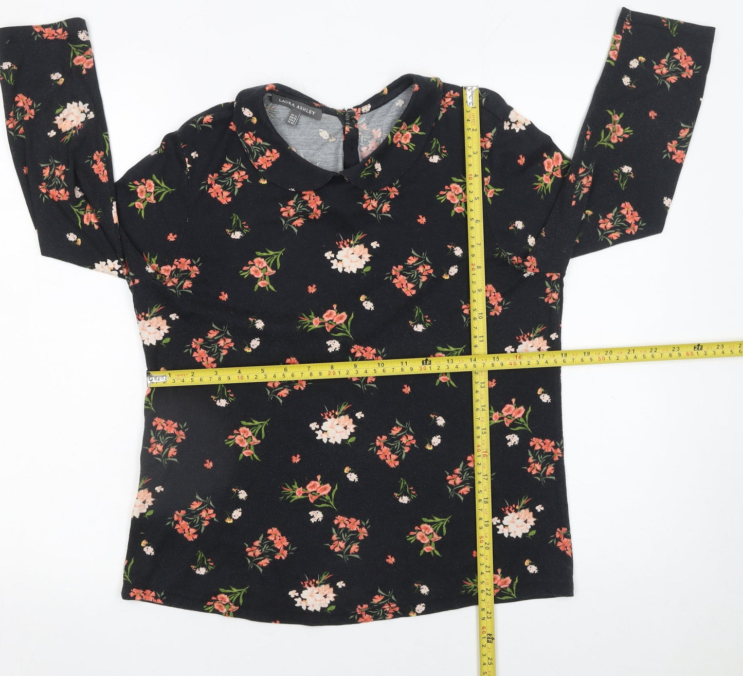 Laura Ashley Women Black Floral Collared Long Sleeve Tunic Blouse UK 12