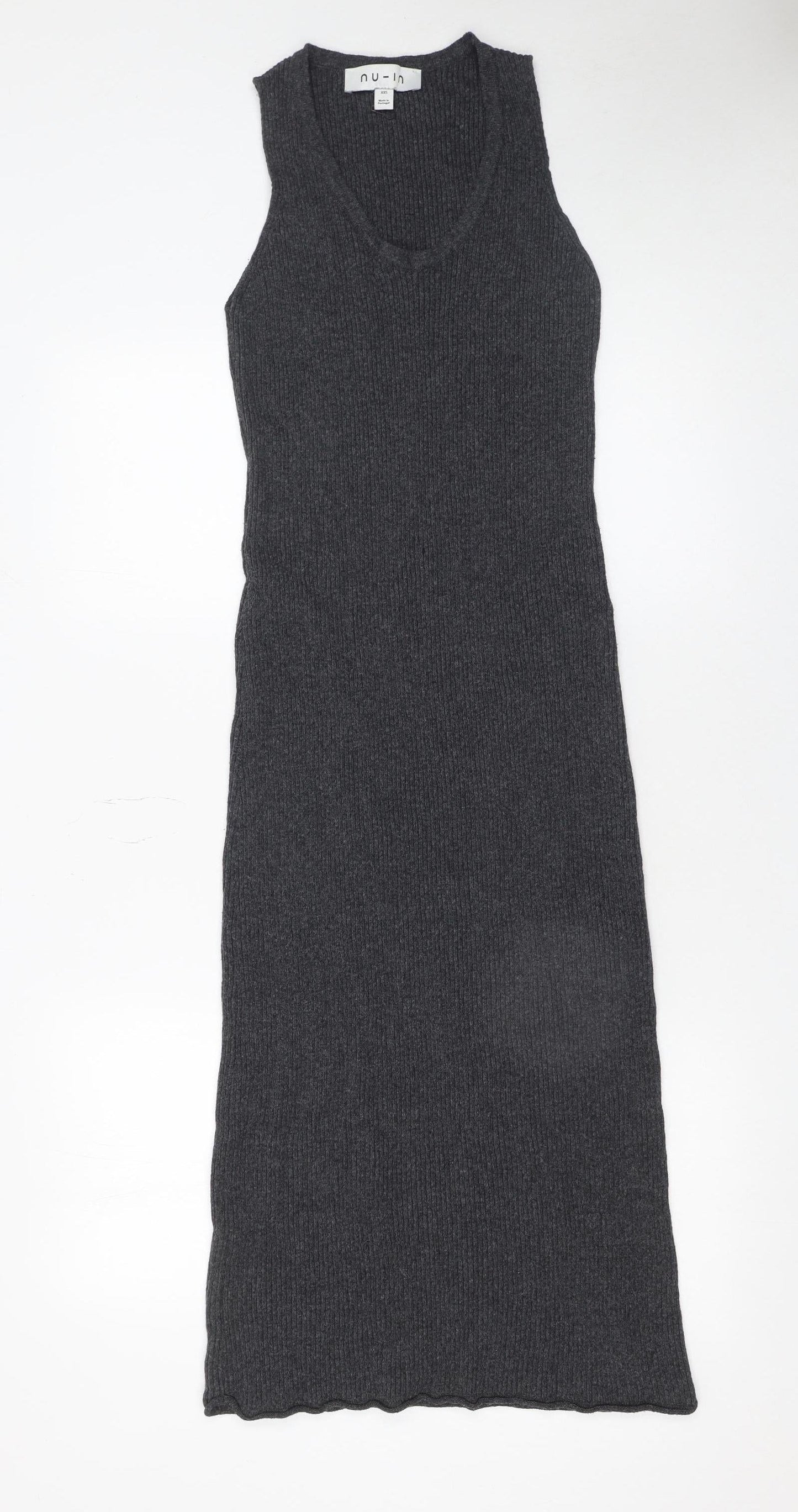 nu-in Women's Grey Ribbed Knit Sleeveless Bodycon Midi Dress XS