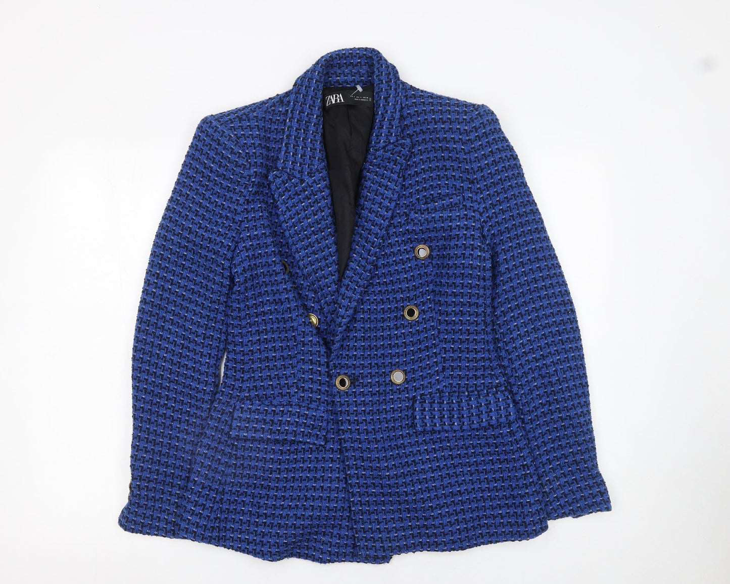 Zara Women Blue Bouclé Double-Breasted Blazer Size S Classic Fit
