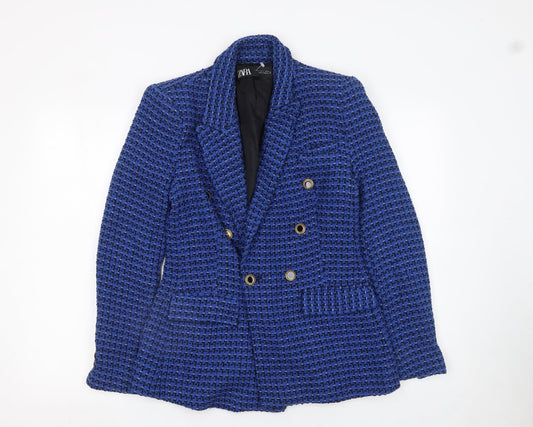 Zara Women Blue Bouclé Double-Breasted Blazer Size S Classic Fit