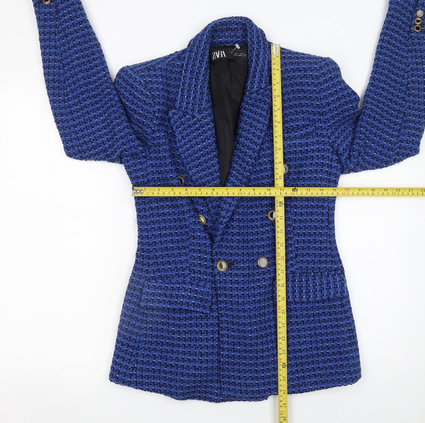 Zara Women Blue Bouclé Double-Breasted Blazer Size S Classic Fit