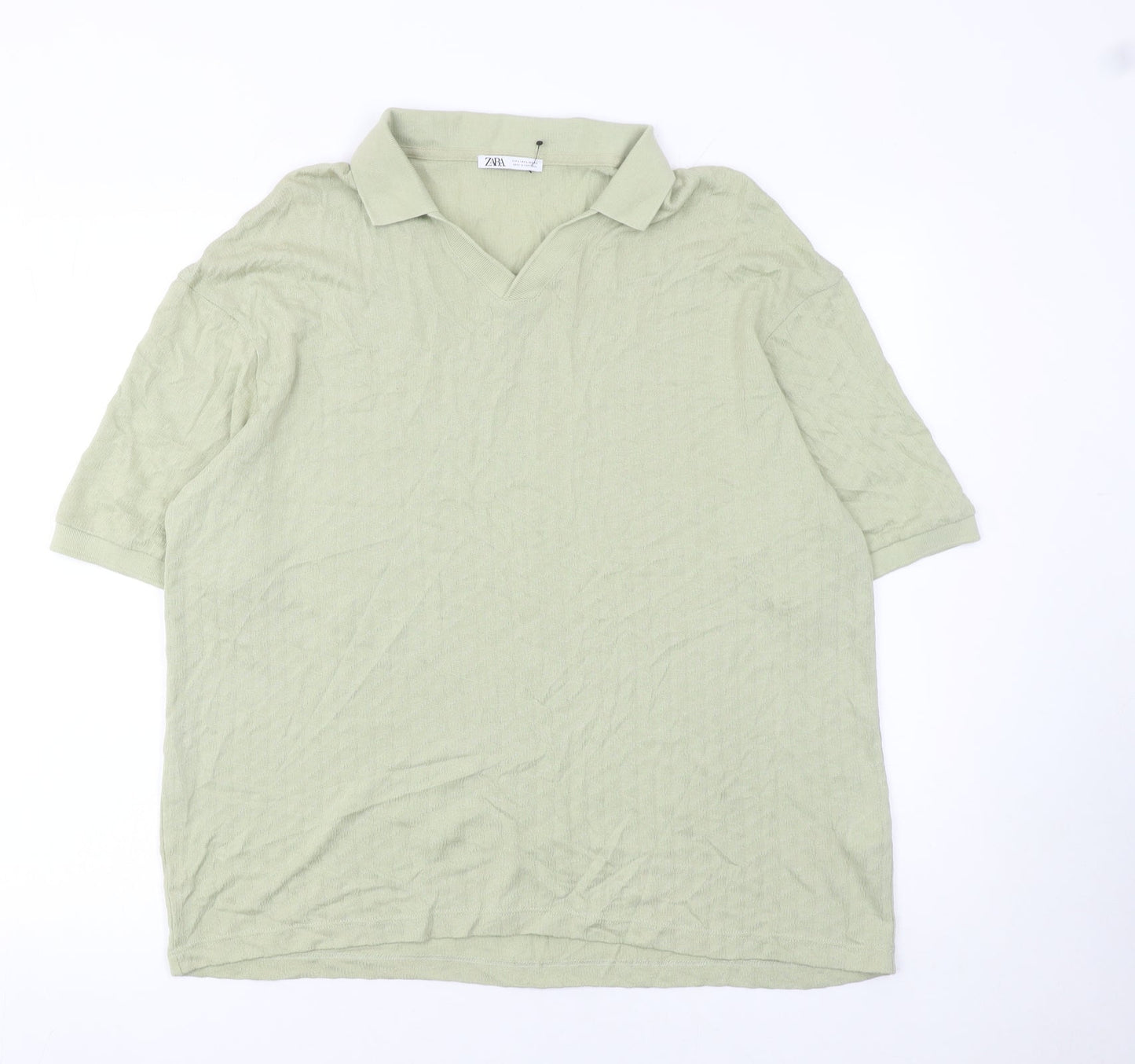 Zara Womens Green Lyocell Cotton Polo Shirt Size L Short Sleeve