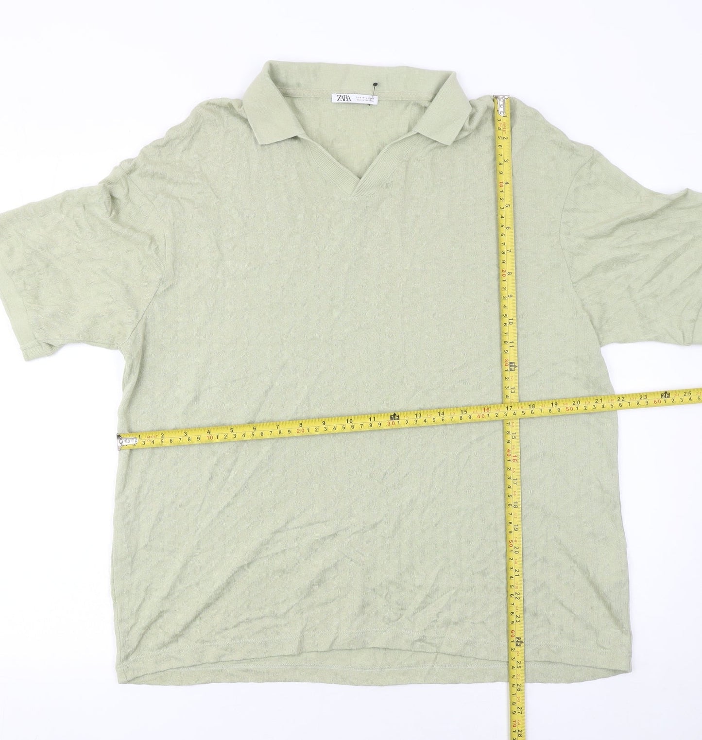 Zara Womens Green Lyocell Cotton Polo Shirt Size L Short Sleeve