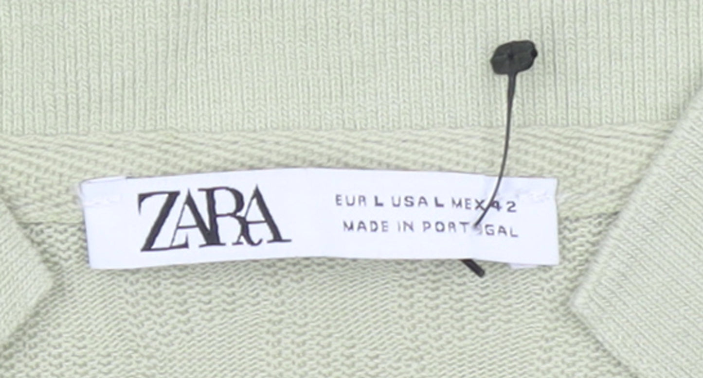 Zara Womens Green Lyocell Cotton Polo Shirt Size L Short Sleeve