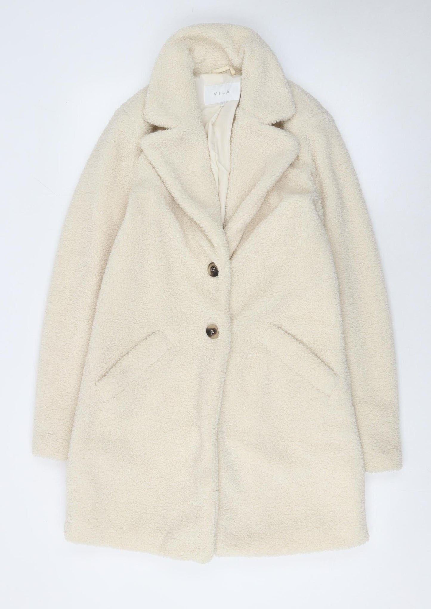 Vila Women Ivory Mid-Length Buttoned Teddy Coat Size 6