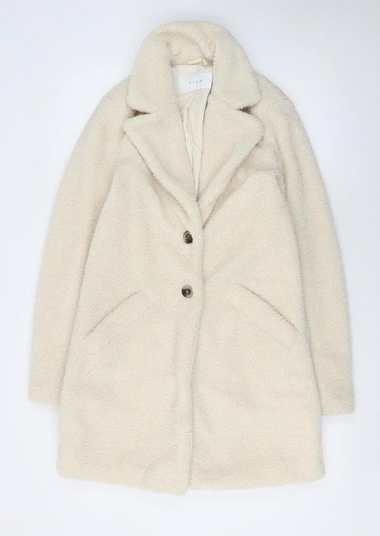 Vila Women Ivory Mid-Length Buttoned Teddy Coat Size 6