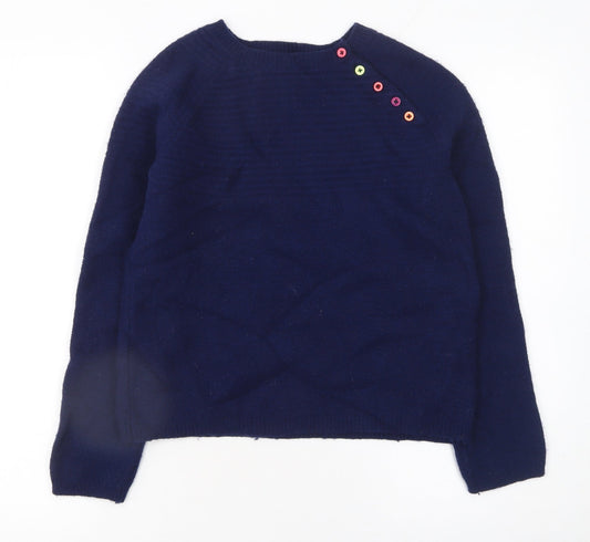 Heyton Women Blue Wool Blend Crew Neck Button Pullover Jumper Size 12
