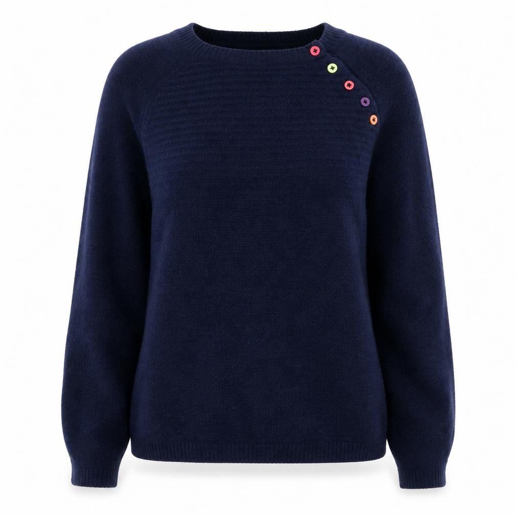 Heyton Women Blue Wool Blend Crew Neck Button Pullover Jumper Size 12