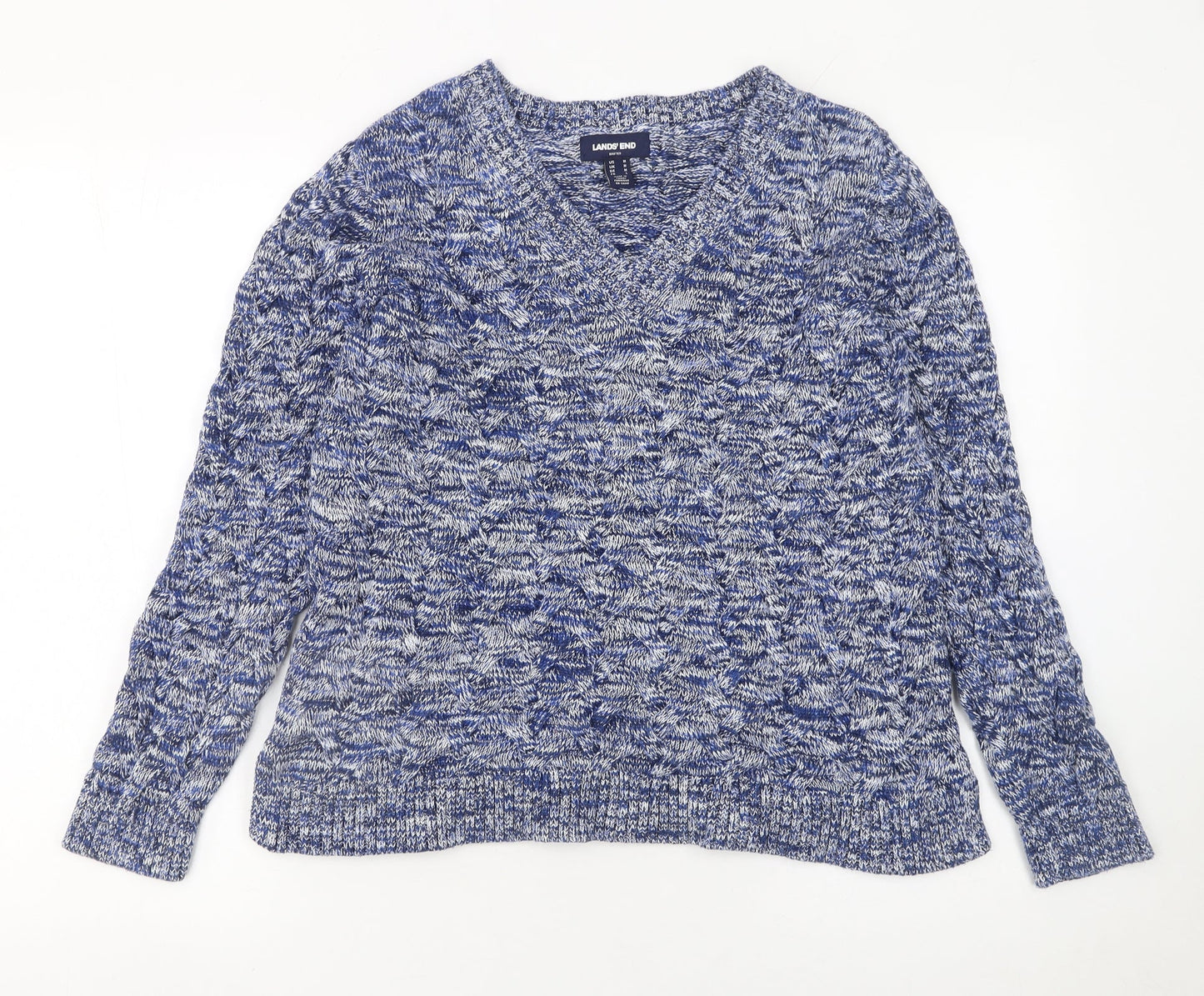 Lands' End Women's Blue V-Neck Cotton Knit Jumper Size M