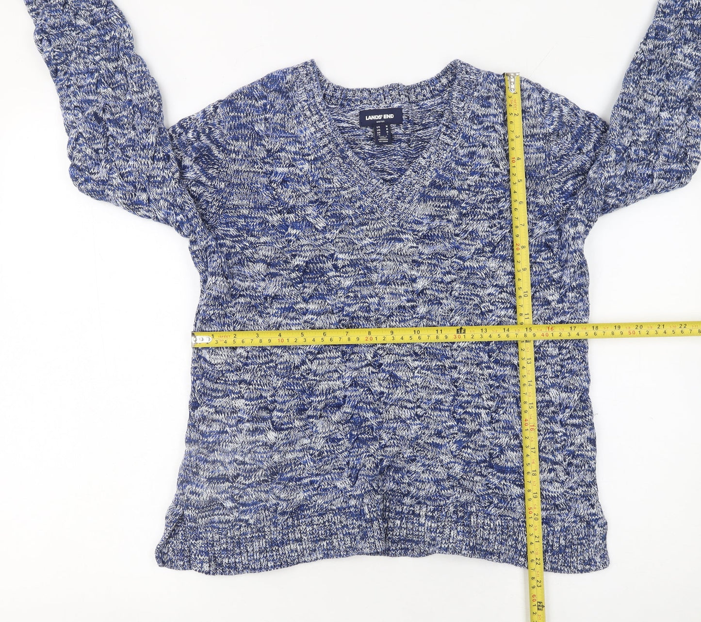 Lands' End Women's Blue V-Neck Cotton Knit Jumper Size M