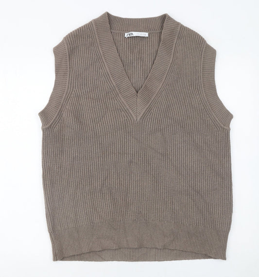 Zara Women Brown Sleeveless V-Neck Knit Vest Jumper Size S