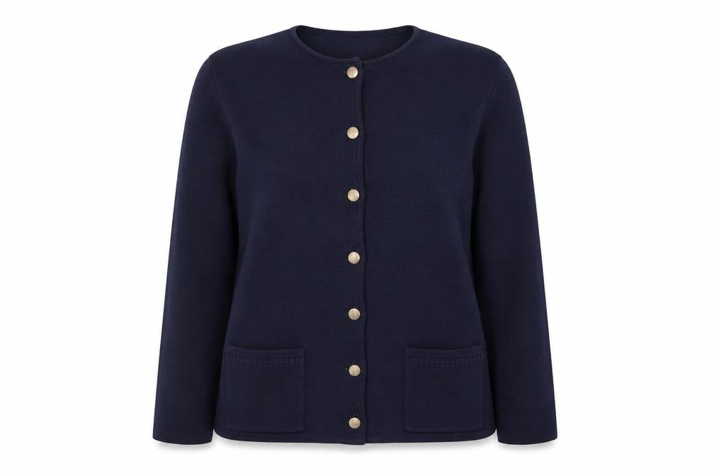 Canda Women’s Blue Cardigan L Knit Button Front Crew Neck Wool Blend