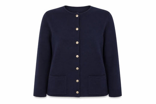 Front view of Canda Women’s Blue Cardigan L Knit Button Front Crew Neck Wool Blend
