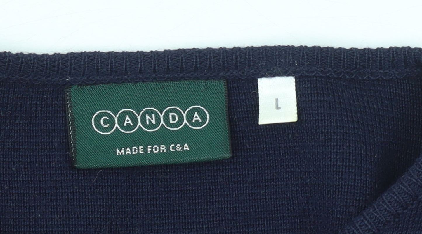 Canda Women’s Blue Cardigan L Knit Button Front Crew Neck Wool Blend
