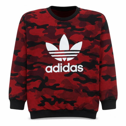 Front view of Adidas boys’ red camo crew neck pullover sweatshirt, size 146