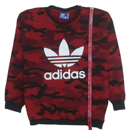 Back view of Adidas boys’ red camo crew neck pullover sweatshirt, size 146