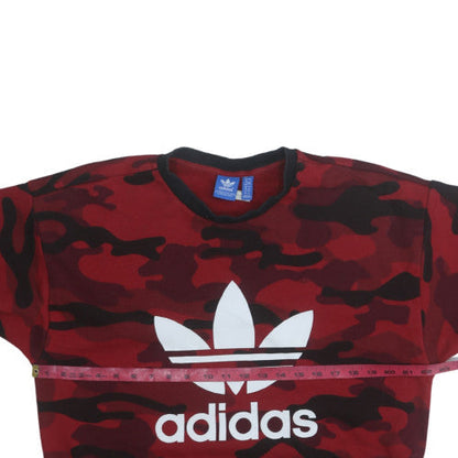 Close-up detail of Adidas boys’ red camo crew neck pullover sweatshirt, size 146
