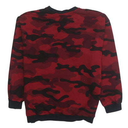 Brand and care label for Adidas boys’ red camo crew neck pullover sweatshirt, size 146