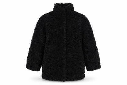 Front view of H&M girls’ black fleece basic coat 8-9 years lined winter outerwear