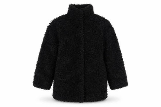 Front view of H&M girls’ black fleece basic coat 8-9 years lined winter outerwear