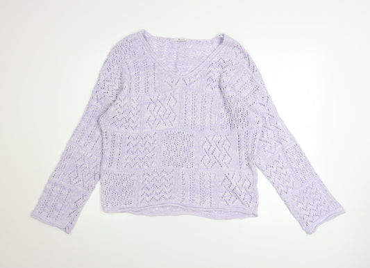 Tu Women’s Purple Open-Knit V-Neck Jumper Size 12