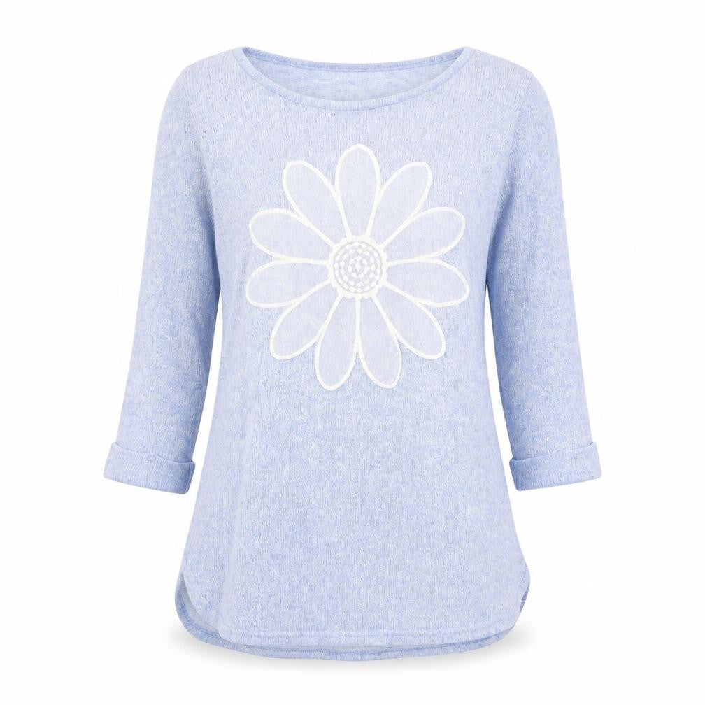 New Look Women's Blue Flower Knit 3/4 Sleeve Pullover Jumper Size 10