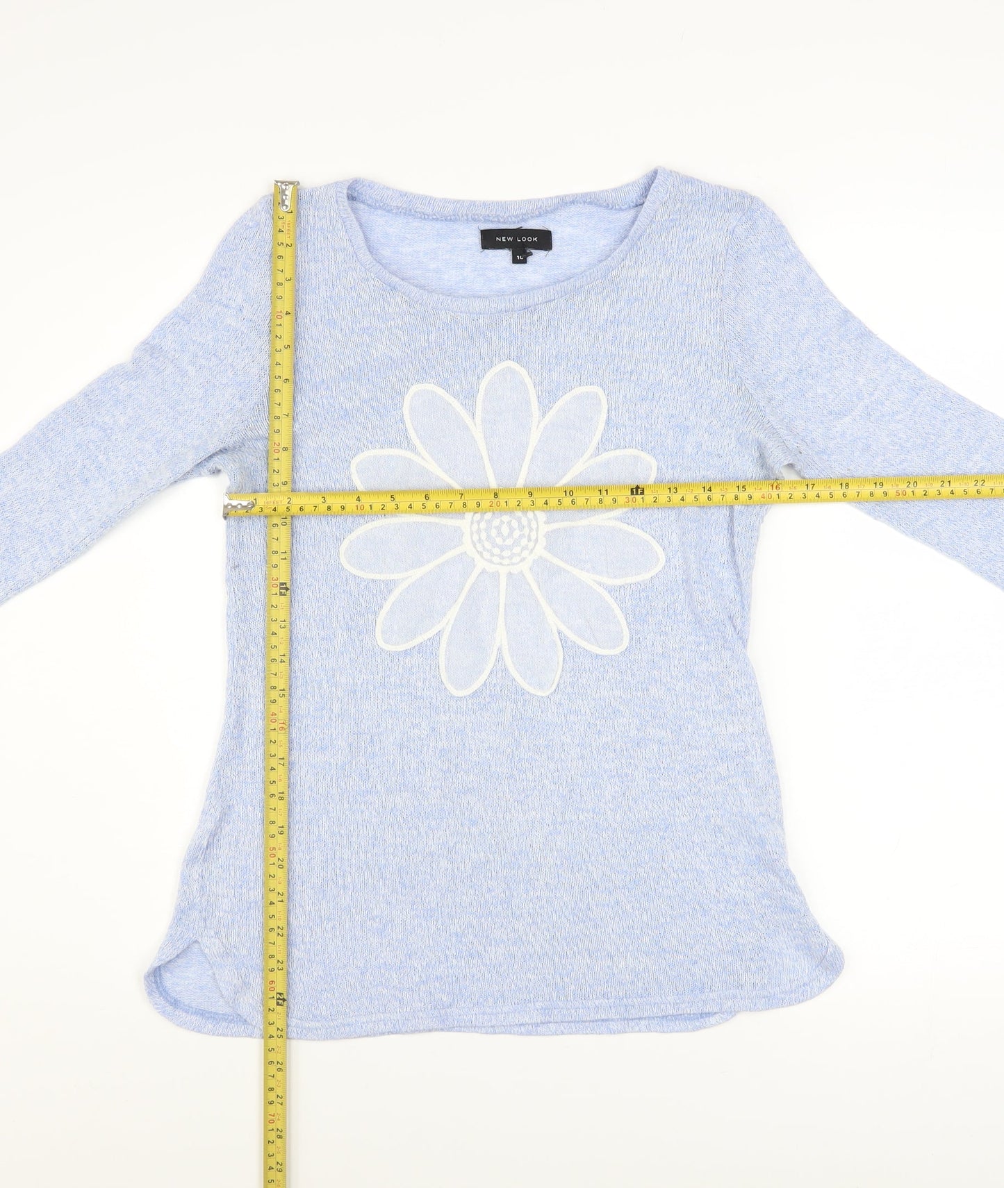 New Look Women's Blue Flower Knit 3/4 Sleeve Pullover Jumper Size 10