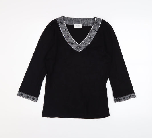Wallis Women Black Petite Size 10 Beaded V-Neck 3/4 Sleeve Jumper