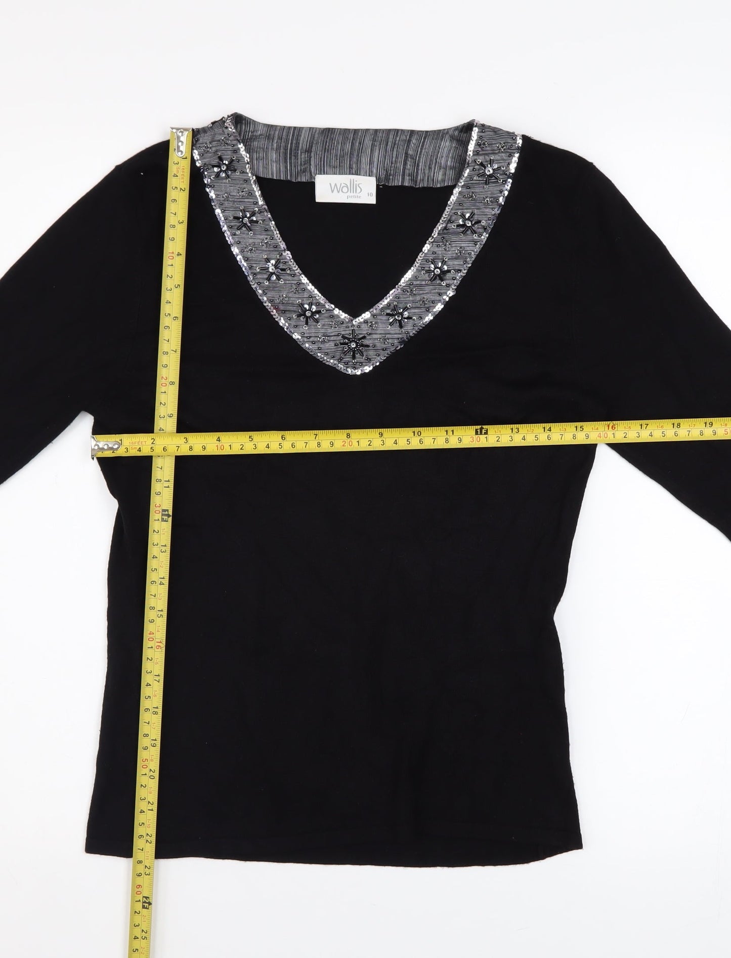 Wallis Women Black Petite Size 10 Beaded V-Neck 3/4 Sleeve Jumper