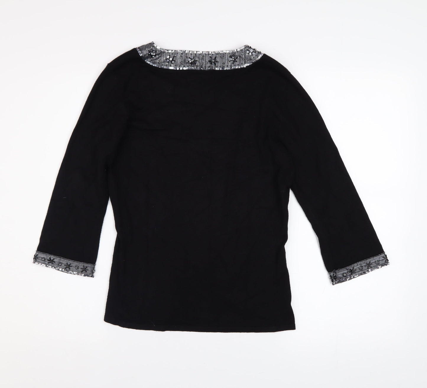 Wallis Women Black Petite Size 10 Beaded V-Neck 3/4 Sleeve Jumper