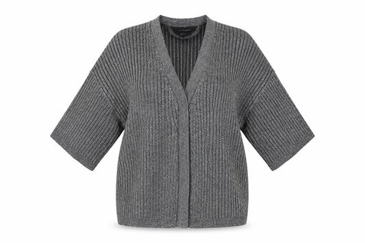 Front view of Atmosphere Women Grey Ribbed Open Knit Cardigan, size 6